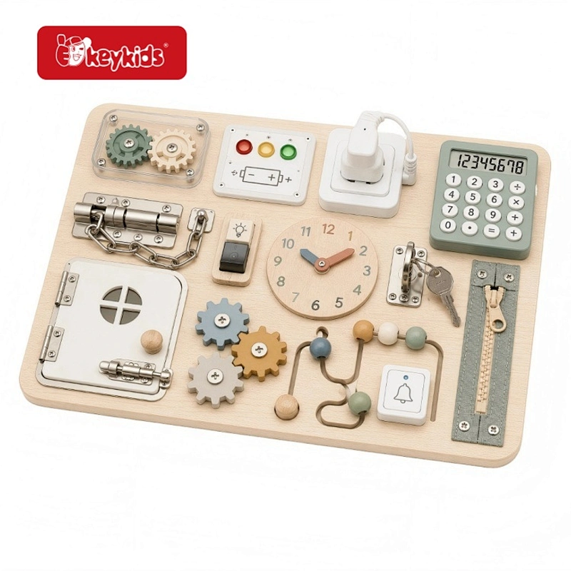 Wooden Busy Board with Gear Box, Calculator, Clock, Zipper, Latches, Keys, Light Switch, Plug Socket, and Bead Maze W12D995